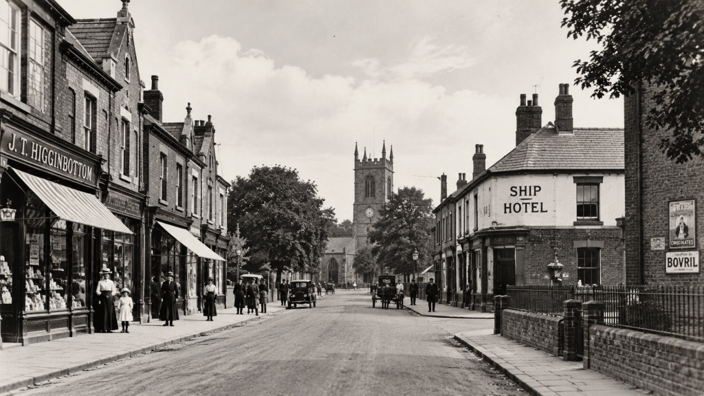 AI-generated illustration of a historic street scene inspired by Irlam.